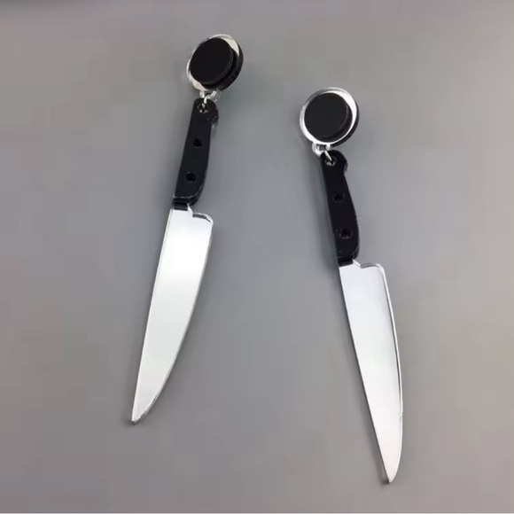 Spooky Silver Knife Earrings Creepy Goth Halloween Cosplay Statement Jewelry - Picture 2 of 11